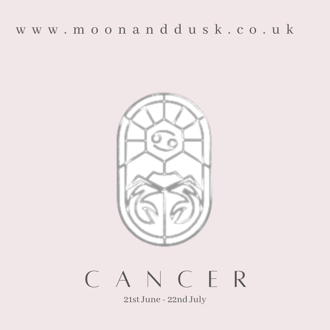 The symbol for zodiac sign cancer along with the dates on a pink background