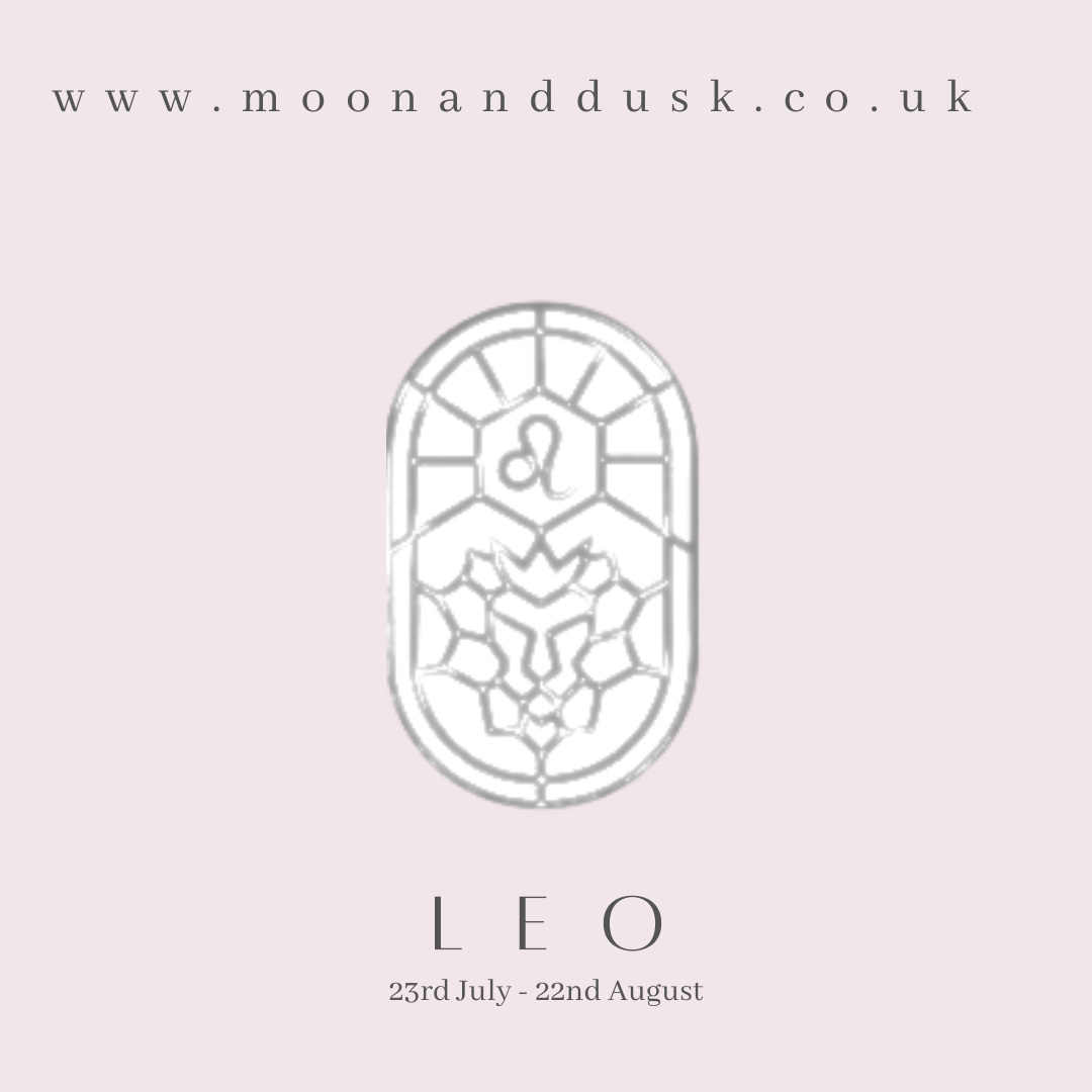 The Zodiac symbol for Leo with the dates on a pink background