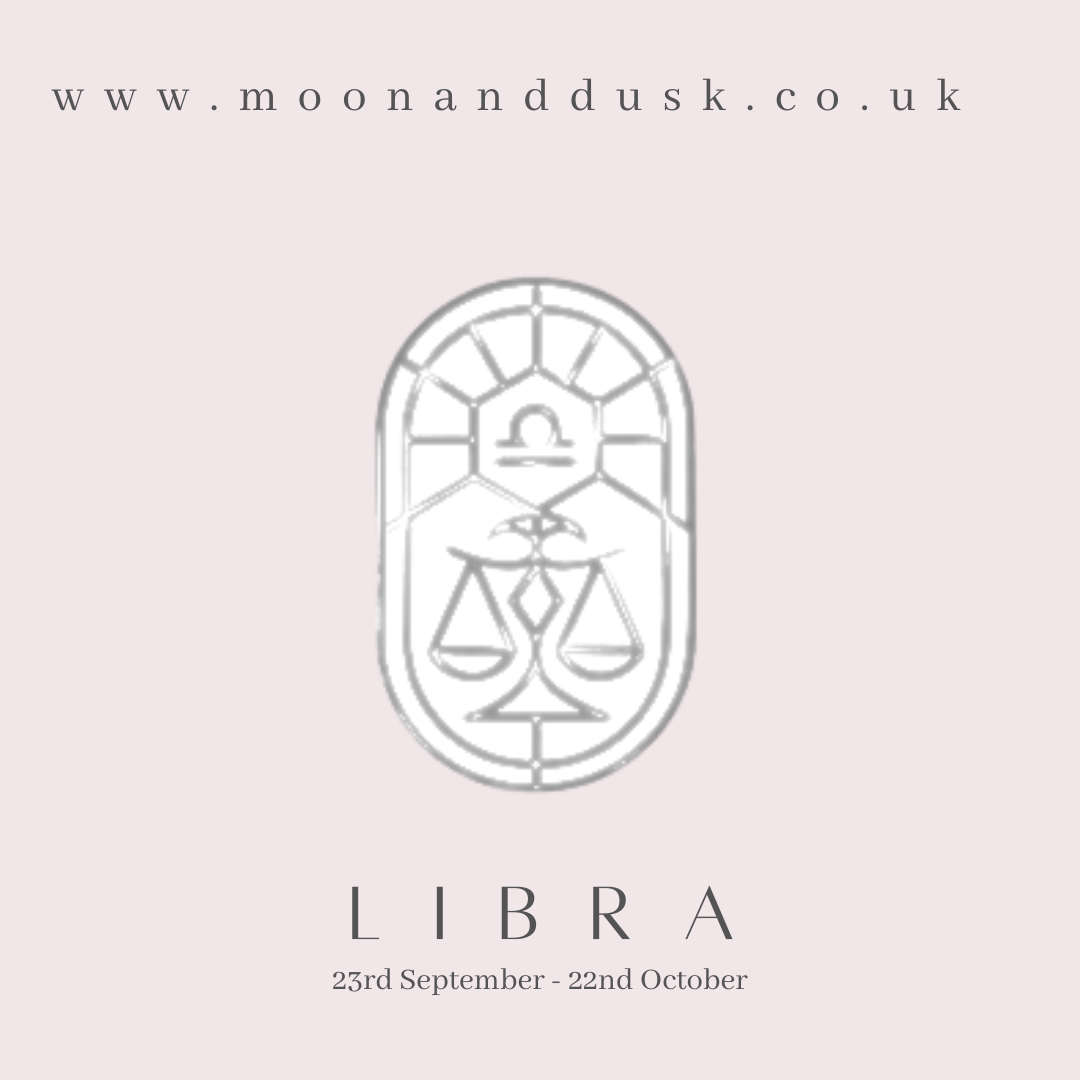 A zodiac symbol for libra and the dates on a pink background