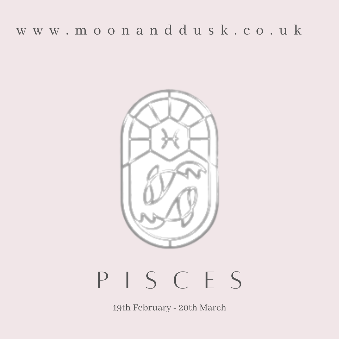 The zodiac symbol for pisces with the dates on a pink background