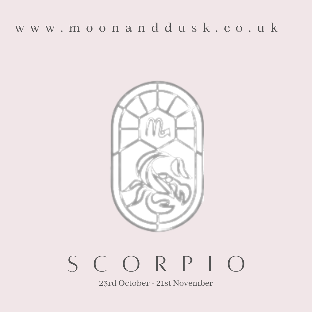 A symbol depicting the Scorpio zodiac sign and dates on a pink background