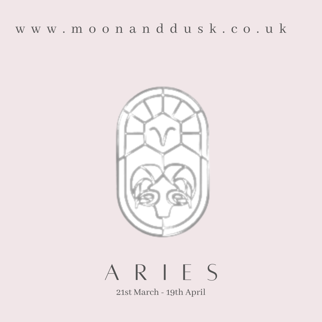 The zodiac symbol for aries and the dates on a pink background