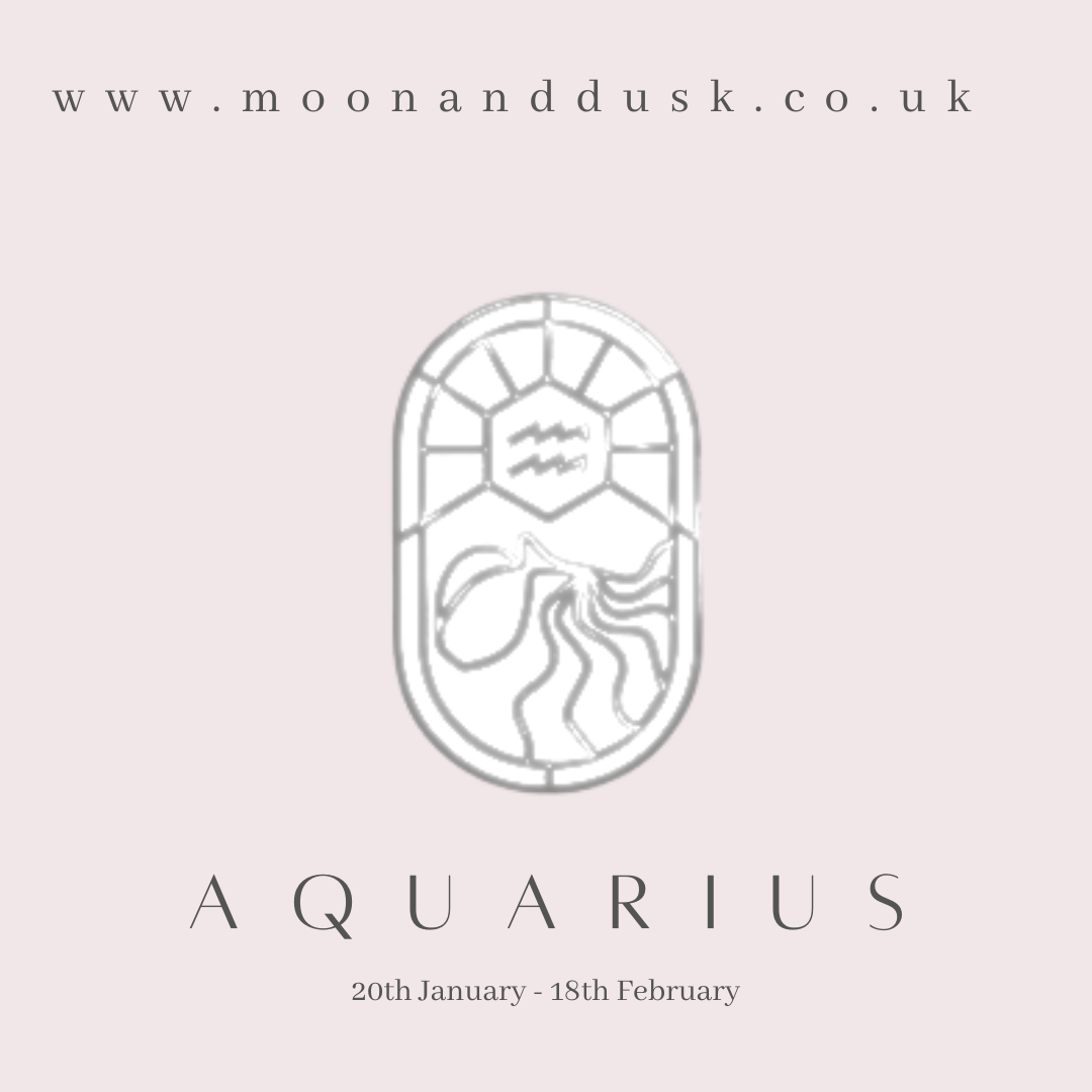 The zodiac symbol for aquarius and the dates on a pink background
