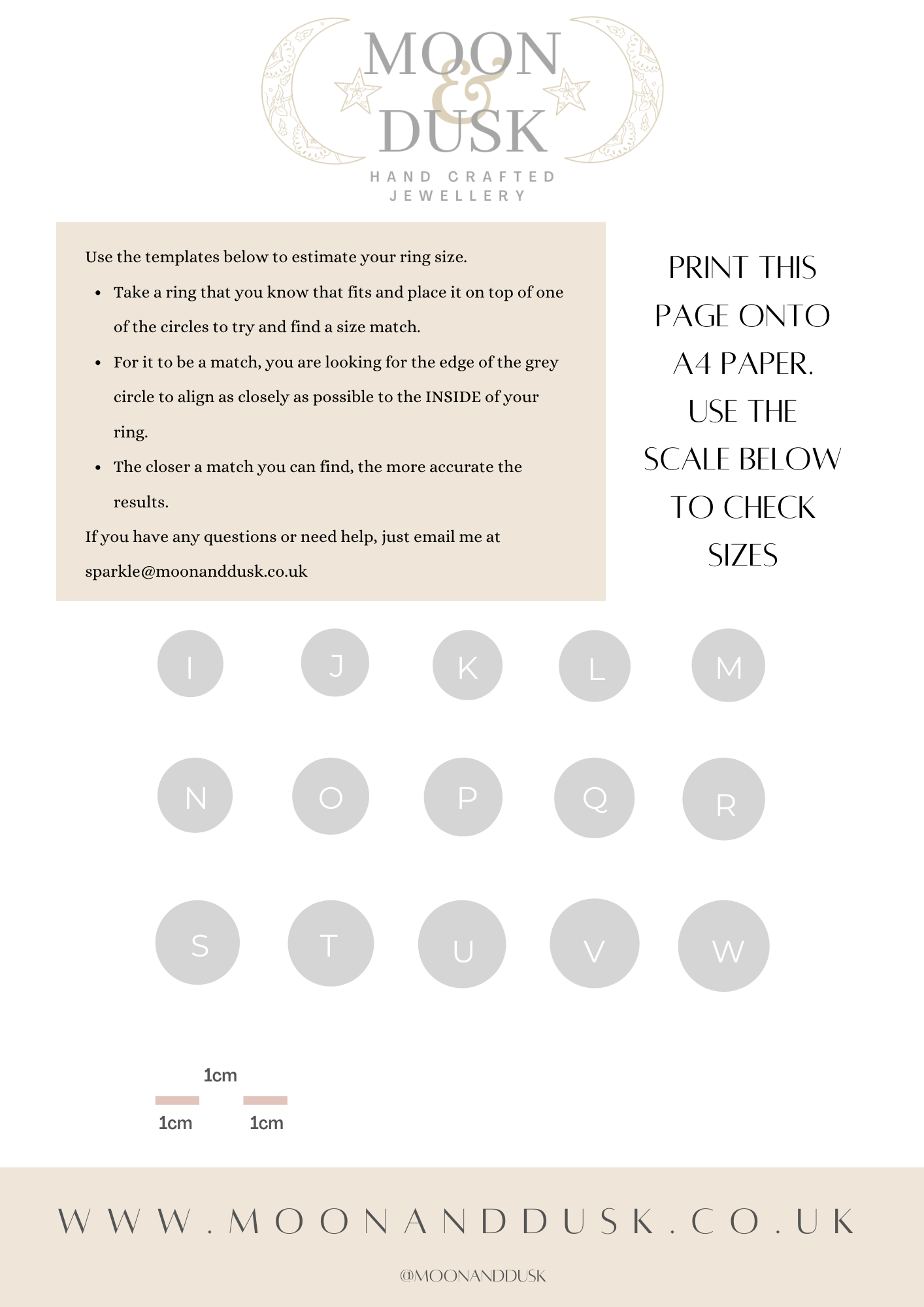 A Moon and Dusk branded printable UK ring sizer for sizes I to W