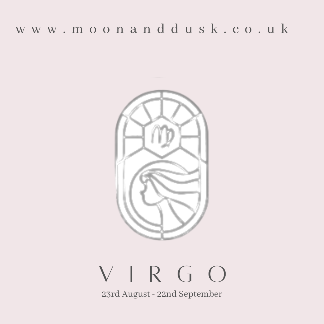 The zodiac symbol for virgo and the dates on a pink background